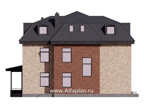 Проект двухэтажного дома, с мансардой, планировка с террасой и с биллиардной, в современном стиле - превью фасада дома
