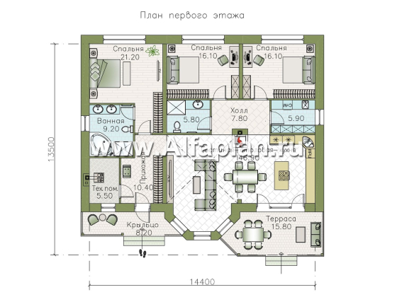 "Медитерен" - проект одноэтажного дома в средиземноморском стиле, с эркером и террасой, 3 спальни - превью план дома