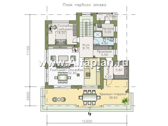 "Балтийский бриз" - проект дома с плоской эксплуатируемой крышей, 4 спальни, панорамное остекление - превью план дома