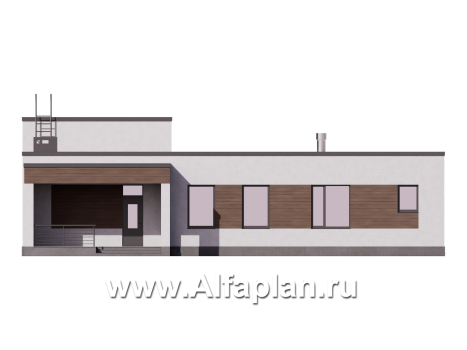 Проект одноэтажного дома с плоской крышей, мастер спальня, с постирочной и с террасой - превью фасада дома