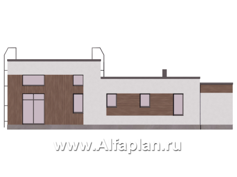 Проект одноэтажного дома с плоской крышей, мастер спальня, с постирочной и с террасой - превью фасада дома