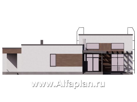 Проект одноэтажного дома с плоской крышей, мастер спальня, с постирочной и с террасой - превью фасада дома