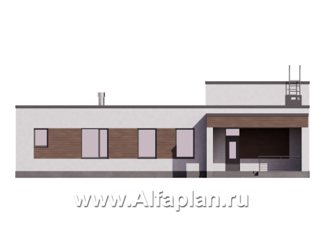 Проект одноэтажного дома с плоской крышей, мастер спальня, с постирочной и с террасой - превью фасада дома