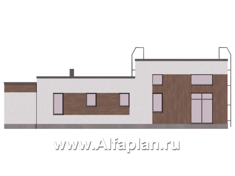 Проект одноэтажного дома с плоской крышей, мастер спальня, с постирочной и с террасой - превью фасада дома