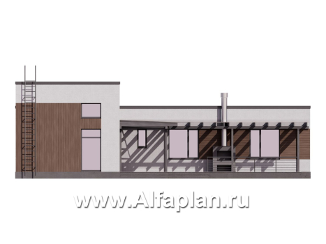 Проект одноэтажного дома с плоской крышей, мастер спальня, с постирочной и с террасой - превью фасада дома