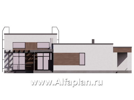 Проект одноэтажного дома с плоской крышей, мастер спальня, с постирочной и с террасой - превью фасада дома