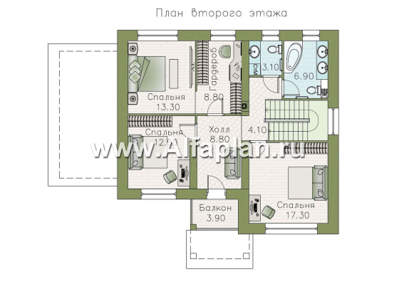 "Истра" - проект двухэтажного дома, в стиле Райта, 4 спальни, терраса на боковом фасаде - превью план дома