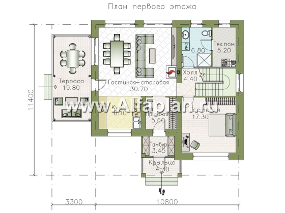 "Истра" - проект двухэтажного дома, в стиле Райта, 4 спальни, терраса на боковом фасаде - превью план дома