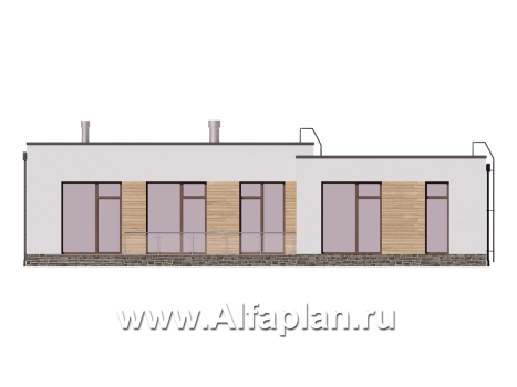 Проект одноэтажного дома с плоской крышей, мастер спальня и 3 спальни, терраса - превью фасада дома