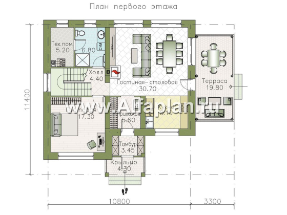 "Истра" - проект двухэтажного дома, в стиле Райта, 4 спальни, терраса на боковом фасаде - превью план дома