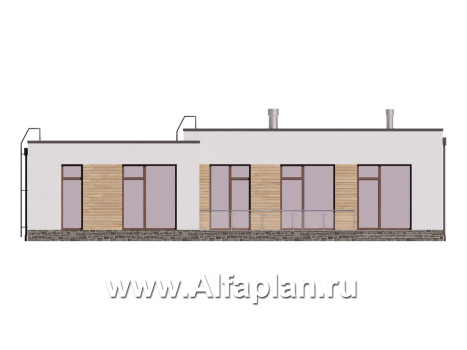 Проект одноэтажного дома с плоской крышей, мастер спальня и 3 спальни, терраса - превью фасада дома