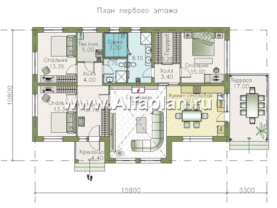 «Ирис» - проект современного одноэтажного дома из газобетона, мастер спальня, с террасой и сауной - превью план дома