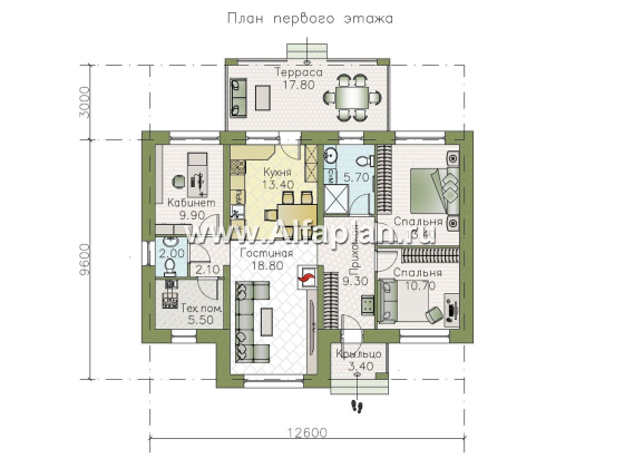 «Тенея» - проект одноэтажного дома 100 кв из газобетона, 3 спальни, планировка дома с террасой - превью план дома