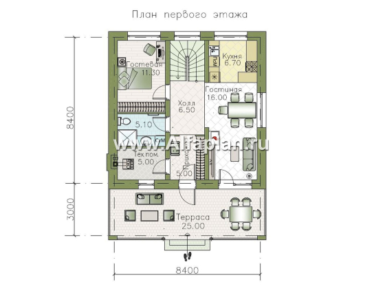 «Траектория» - проект эконом дома из газобетона, с террасой со стороны главного фасада, кабинет на 1-ом этаже - превью план дома