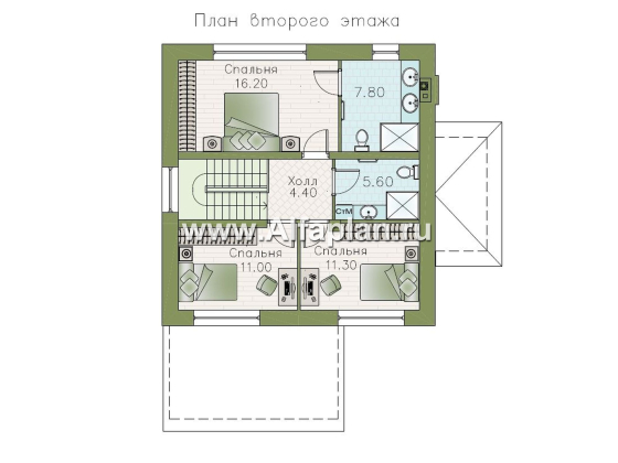 «Лунный кот» - проект эконом дома из газобетона, 4 спальни, с террасой со стороны главного фасада - превью план дома